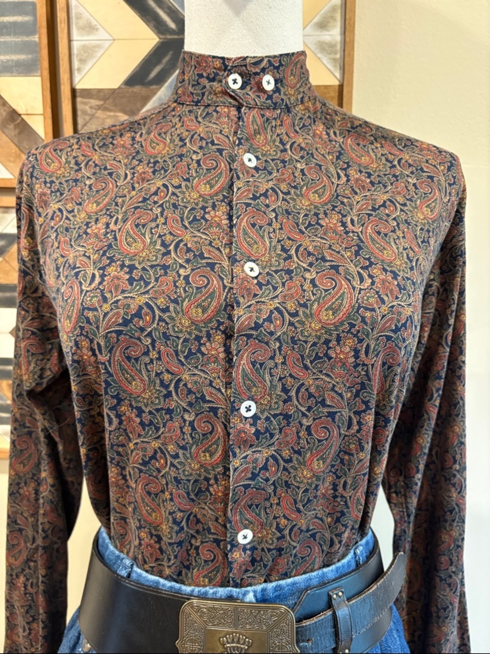 Vintage Ralph Lauren Blue Label 90s Paisley Cotton Button-Up High Neck Top Small - Picture 2 of 10